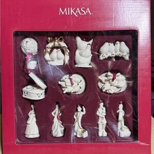Mikasa Holiday 12 Days of Christmas Ornament Set - White and Gold w/ red ribbon